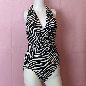 Michael Kors Black and White Zebra Print Twist Front Halter One Piece Swimsuit